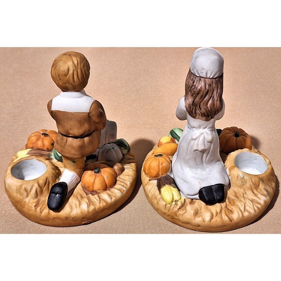Pair of Vintage 1980's Brinn's Thanksgiving Boy Girl Pilgrims Candle Holders - Picture 3 of 10